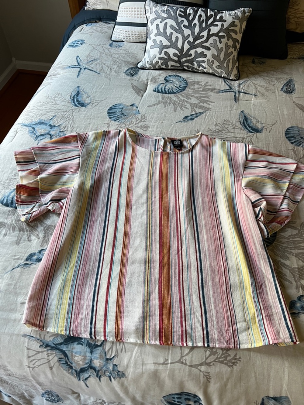 bobeau Cream Top with Red, Yellow & Blue Stripes